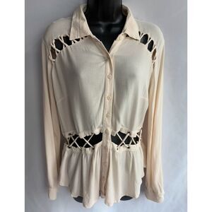 Mono B Cream Beige Cutout Shirt Blouse Long Sleeve Size L Lagenlook Minimalist